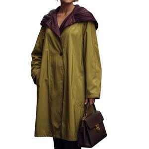 MYCRA PAC Donatella Women XL Olive Green Burgundy Pleated Hood Raincoat USA Read